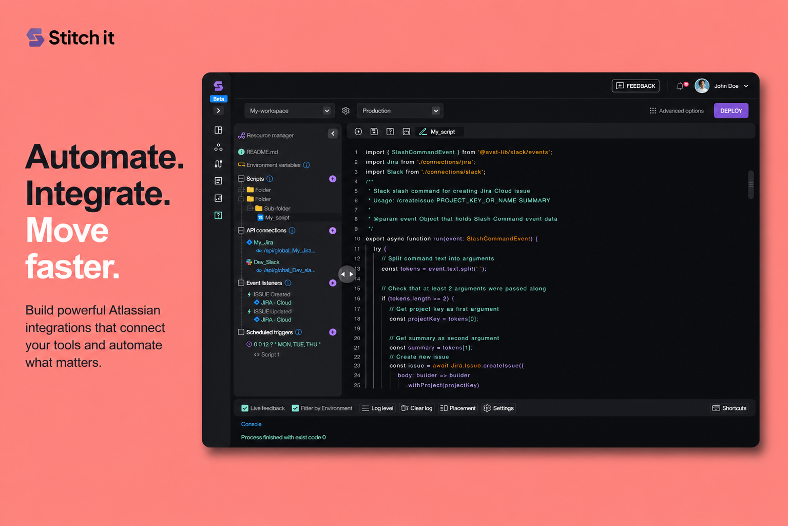 ScriptRunner Connect / Stitch-It product interface showing a dark code editor, resource manager, API connections and scheduled triggers.