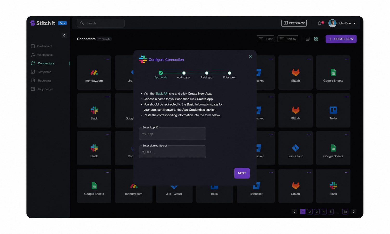 Stitch-It guided connection setup modal