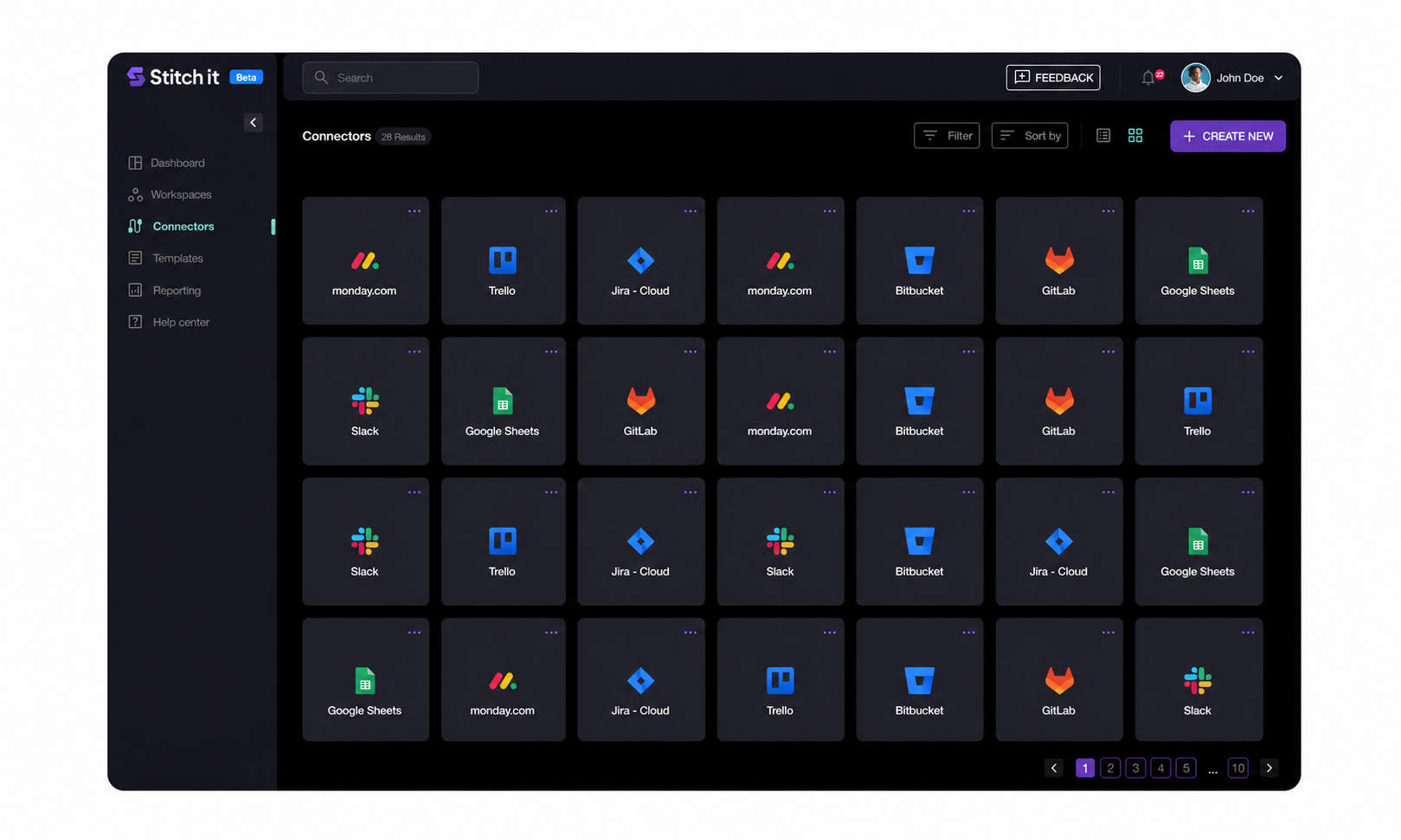 Stitch-It connectors and workspace UI