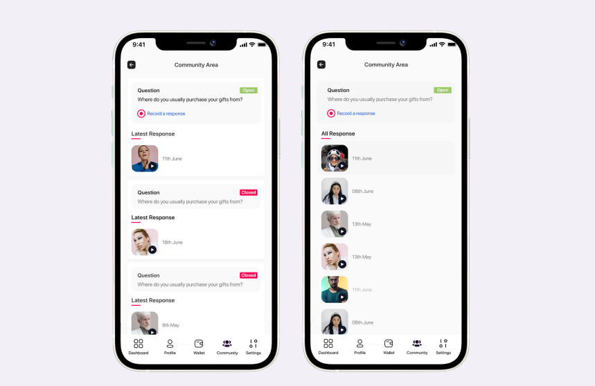 Influence community section screens.