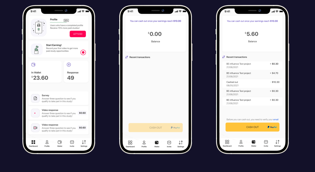 Influence dashboard, balance and cash-out screens.