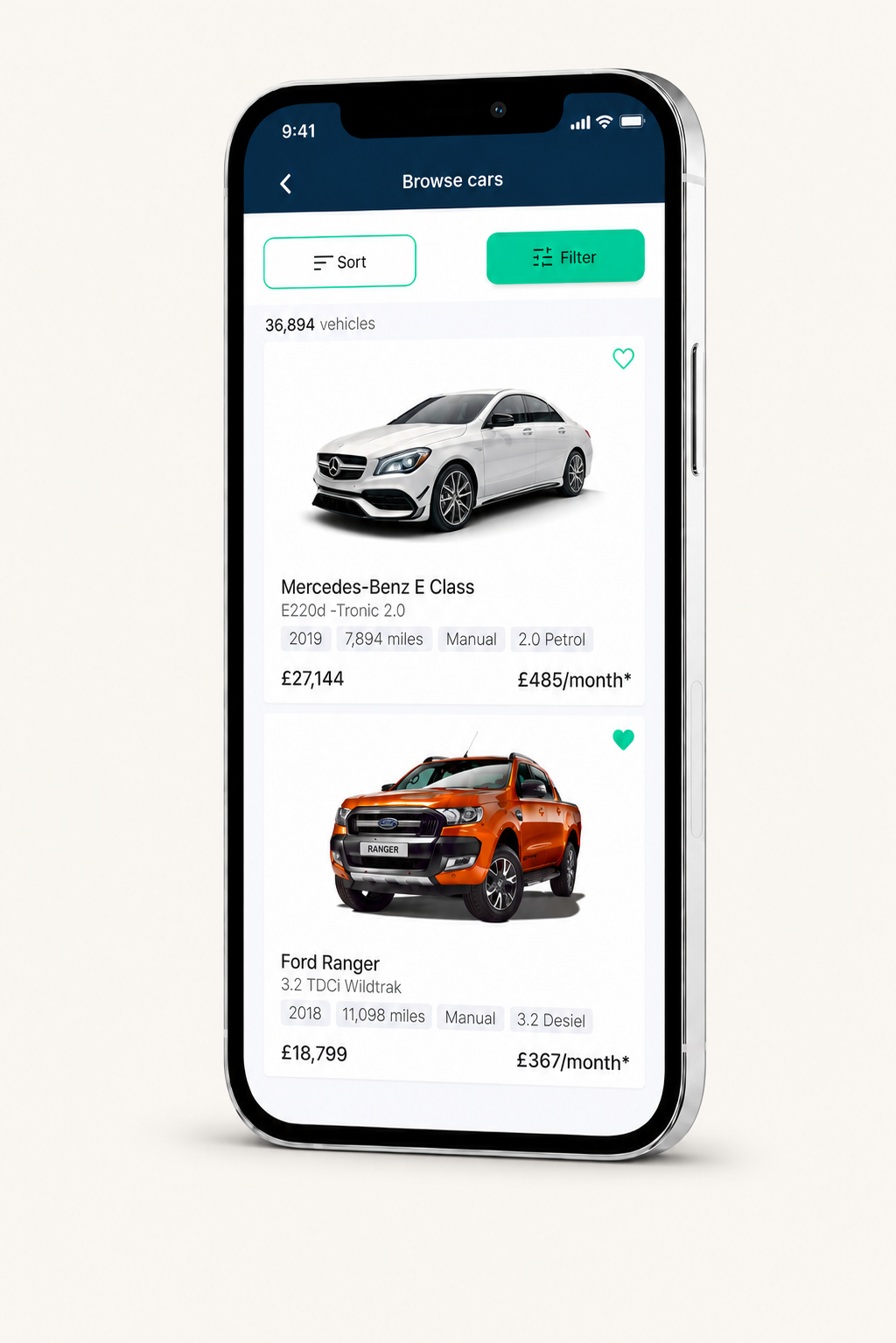 Oodle Finance mobile app mockup showing the car browsing interface.