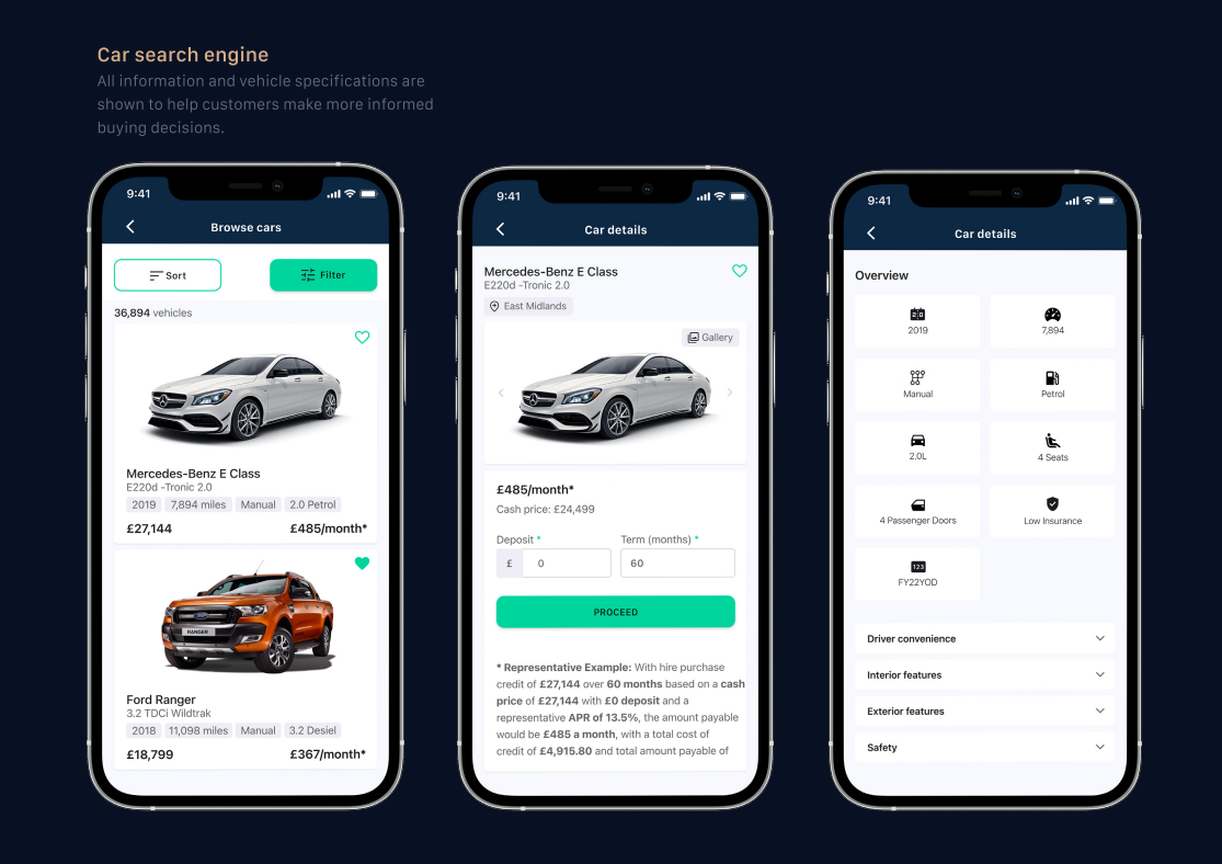 Oodle Finance car search, car details and specification overview screens.