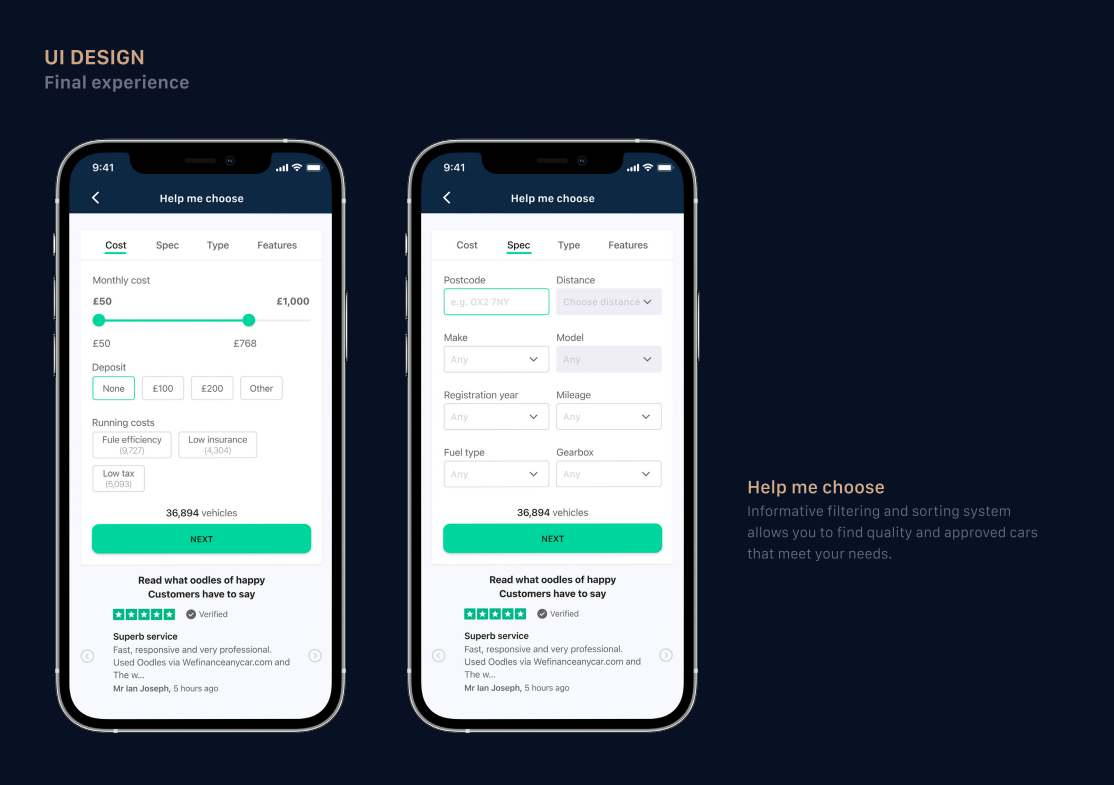 Oodle Finance Help me choose filter and sorting screens.