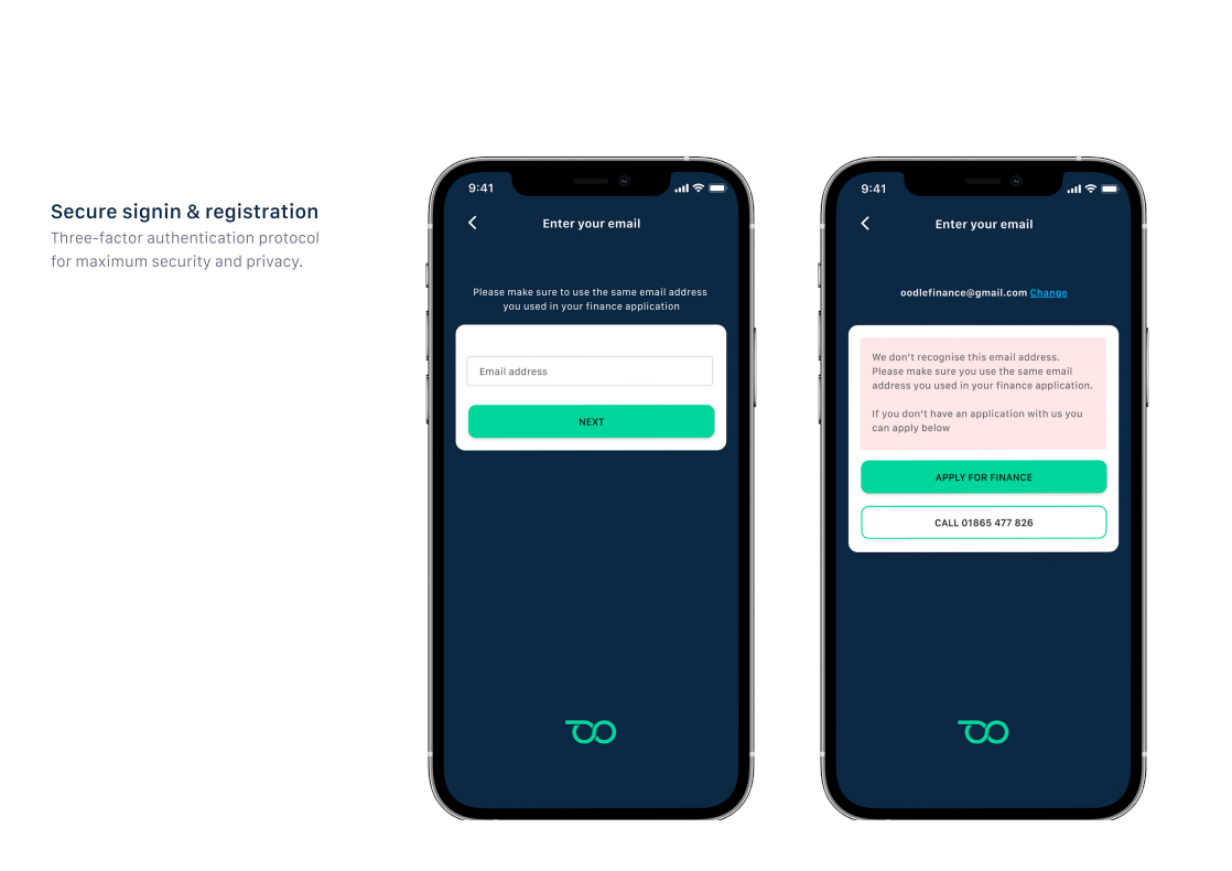 Oodle Finance secure sign-in and registration mobile screens.