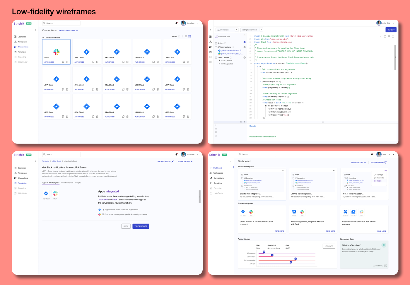 Low-fidelity Stitch-It wireframe overview showing connection screens, code editor, template setup and dashboard concepts.